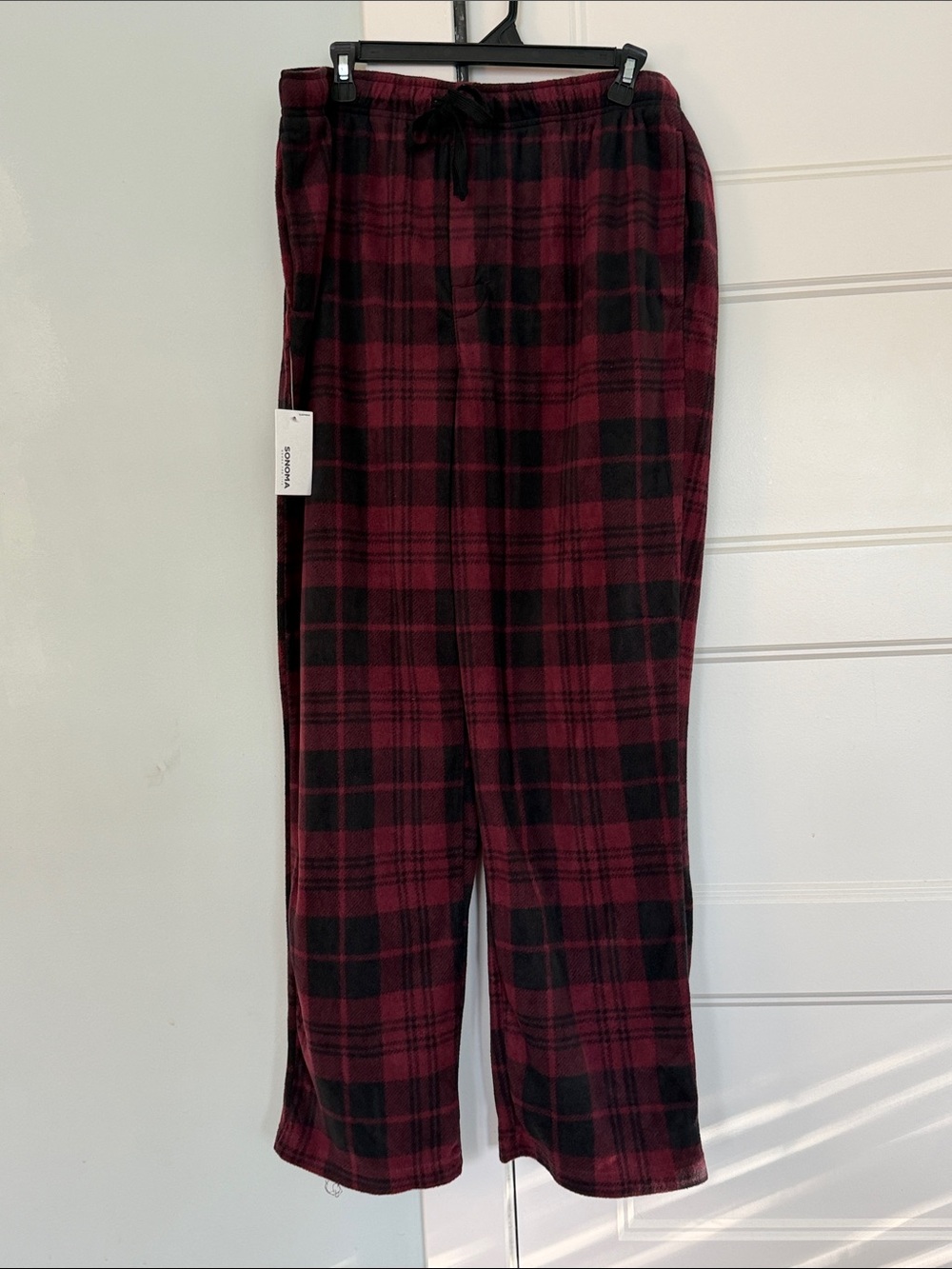 NWT Large Men's Maroon & Black Plaid Fleece Lounge Pants - Sonoma Brand